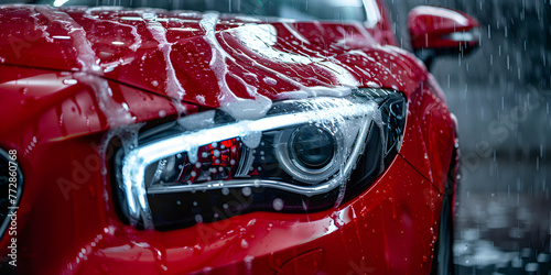 Close-up of a red car in the snow, suitable for winter driving concept , Red car covered with white foam.   © Mohsin