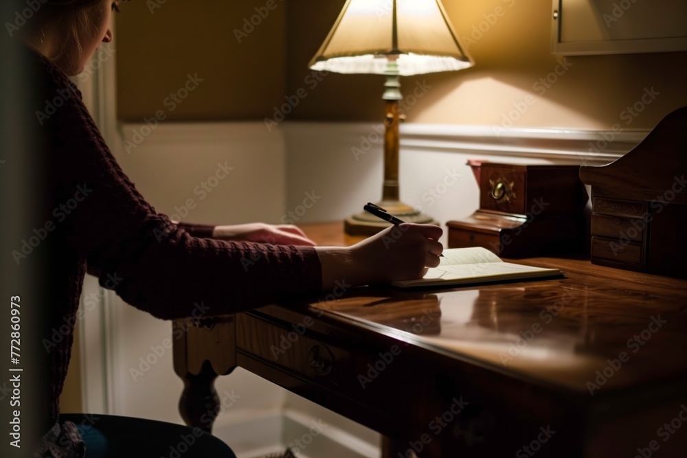 person writing at a mahogany desk with lamp - obrazy, fototapety, plakaty 