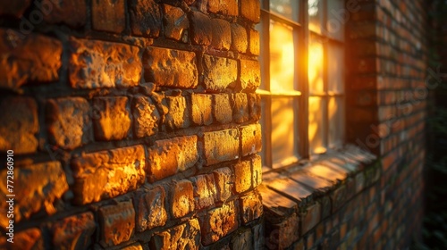 Sunset light reflecting on a brick wall with window