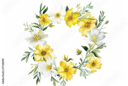 Wreath of Yellow and White Meadow Flowers, Watercolor Hand Painted Illustration