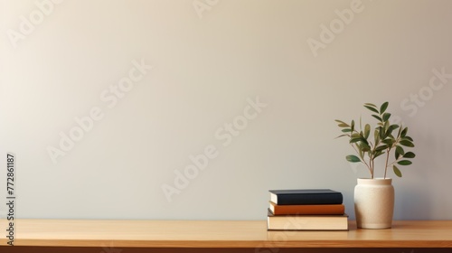 A white vase with a plant sits on a wooden desk