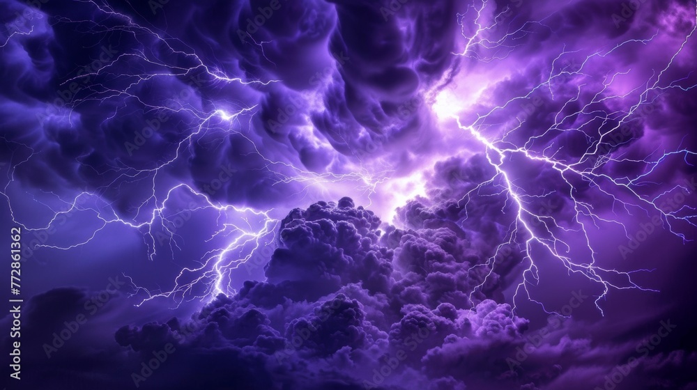 Intense lightning storm with purple sky