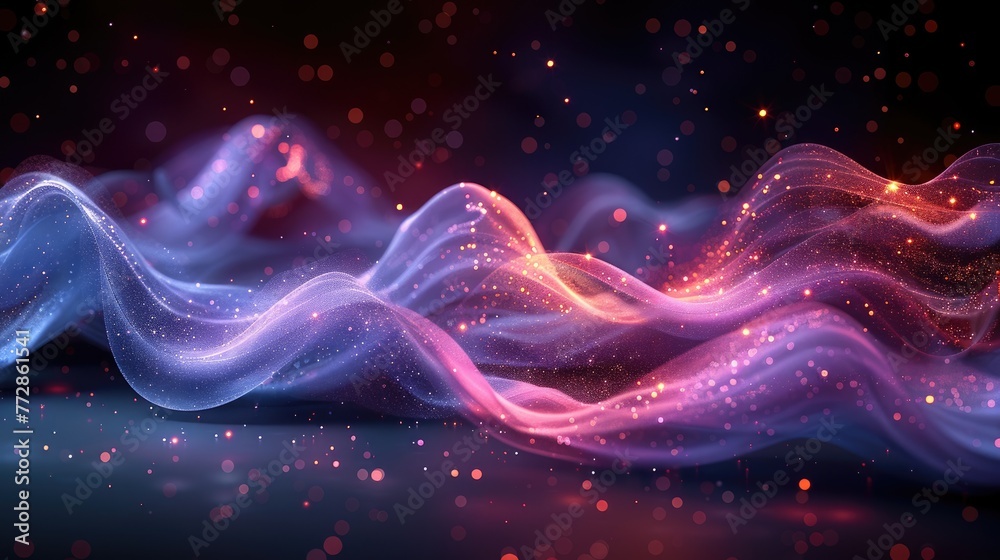 Abstract liquid glass holographic iridescent neon curved wave in motion dark background