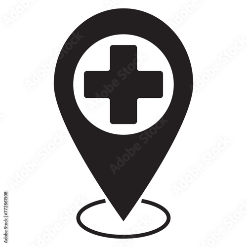 Location icon, Medicine shop location icon, Map pointer icon, GPS location. Medical store location vector,  health location, hospital or pharmacy location icon. Pointer with icon