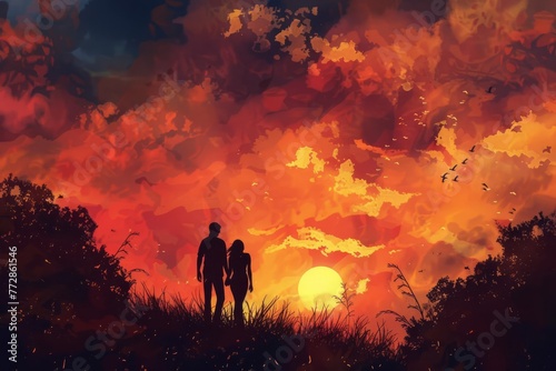 Romantic couple silhouette against sunset sky, love and relationship concept, digital illustration