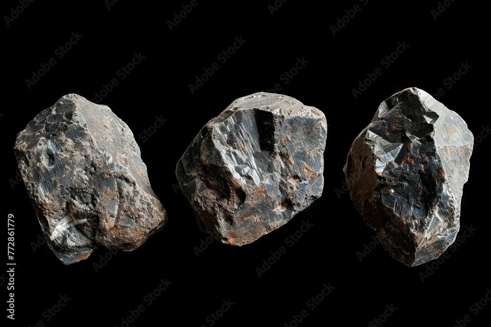 Set of asteroids isolated on black background, cut out. Photo illustration.
