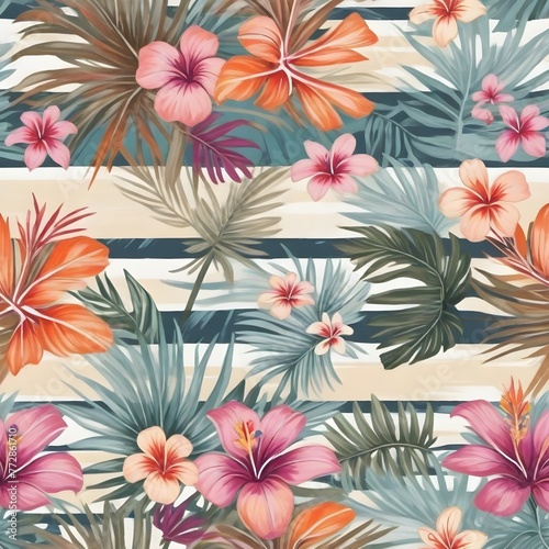 Tropical leaves and orange and red  flowers 