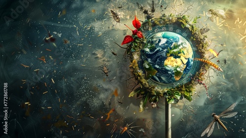 This image showcases an artistic interpretation of Earth surrounded by diverse flora and fauna  highlighting nature s beauty and complexity.