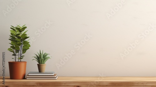 A potted plant sits on a wooden shelf next to a stack of books