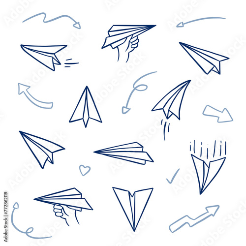 Paper plane doodle drawing set, paper airplane outline hand drawn drawing