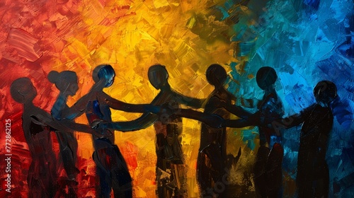 Abstract painting of human silhouettes in vibrant colors