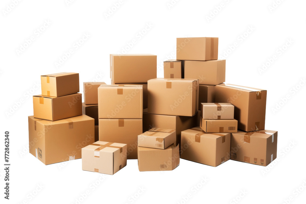Stack of Cardboard Boxes. On a White or Clear Surface PNG Transparent Background..