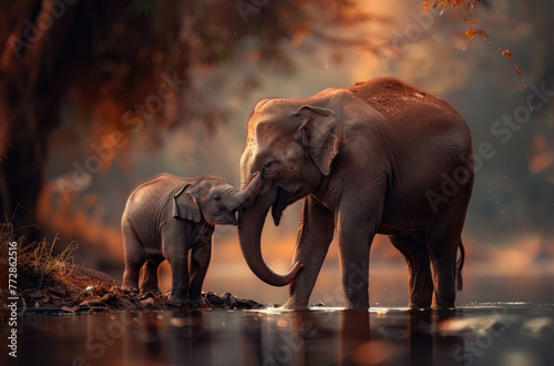 A mother elephant and her calf, the baby's trunk resting on its mum's forehead as they gaze at each other with love in their eyes