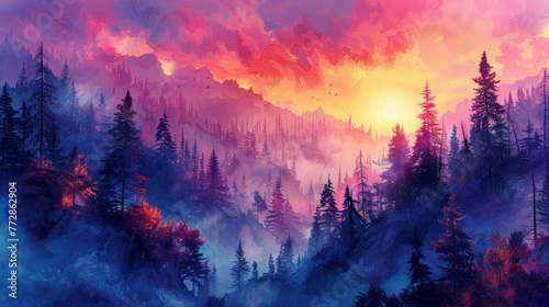 Misty forest at sunset with vibrant colors © iVGraphic