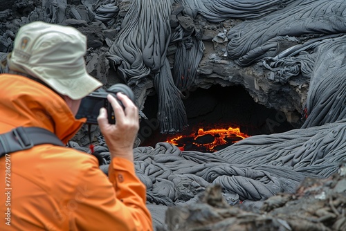 tourist photographing a magma chamber tour