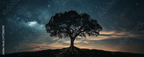 Starry night sky above a solitary tree