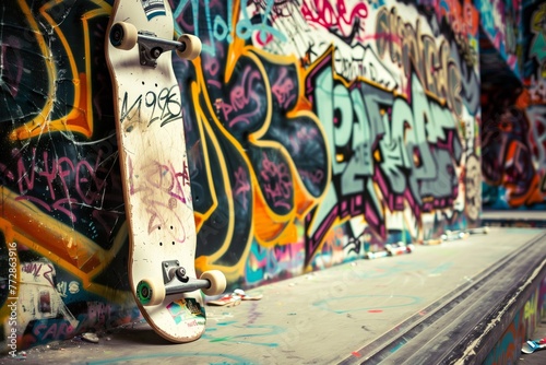 a broken skateboard propped against a graffiticovered wall photo