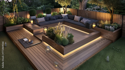 A modern backyard design with a raised wooden deck patio, incorporating built-in planters filled with a mix of ornamental grasses and perennials.