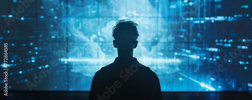 Silhouette of a man against futuristic digital background
