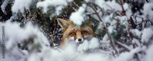 Red fox peering through snowy branches © iVGraphic