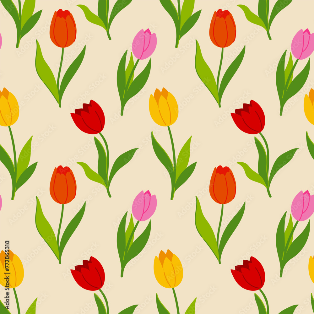Seamless pattern with multi-colored tulip flowers. Vector graphics.