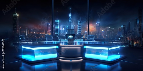 minimalistic design 3d virtual news studio. Announcer Table with night city background and floodlights photo