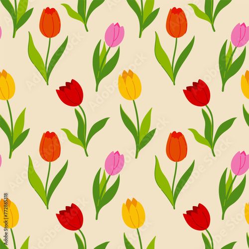 Seamless pattern with multi-colored tulip flowers. Vector graphics.