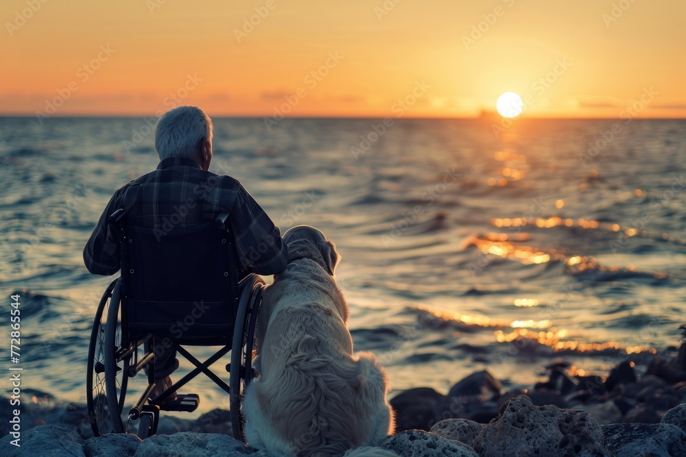 Fototapeta premium Shared Silence: A Peaceful Sunset With A Loyal Companion By The Sea Generative AI