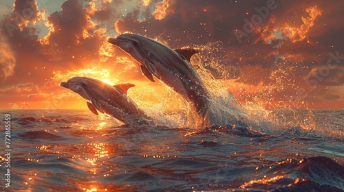 Dolphins leaping from the ocean at sunset