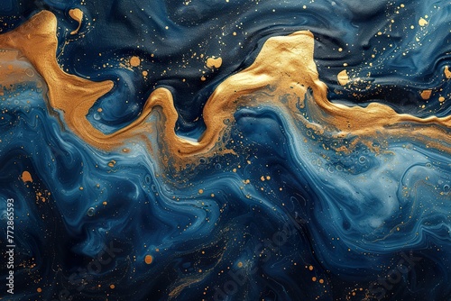Abstract paint background by deep blue and gold color with liquid fluid texture in luxury concept photo