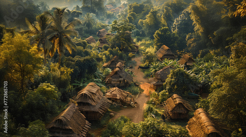 Primitive village in a wooded area. Aerial high view. Generative AI.