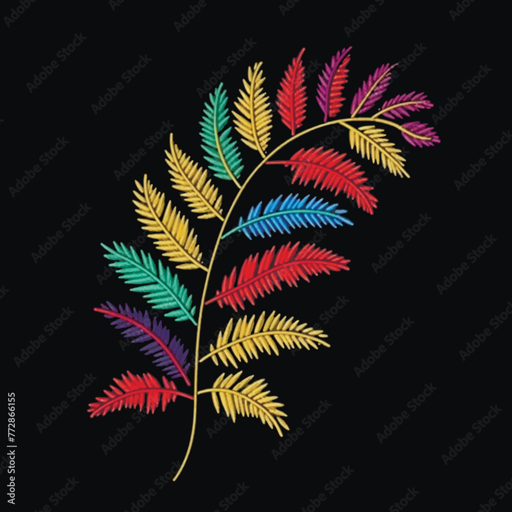 Embriodery tropical colorful fern branch leaves pattern. Floral vector background illustration with textured grunge multicolor  fern branch. Decorative tapestry design. Embroidered texture