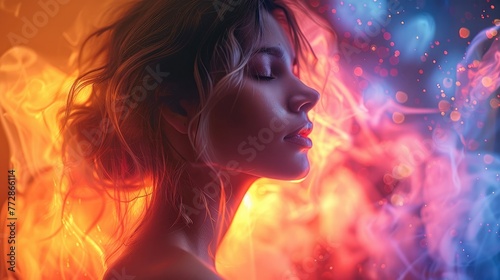 Beautiful woman standing in front of colorful liquid particles. Generative AI. © visoot