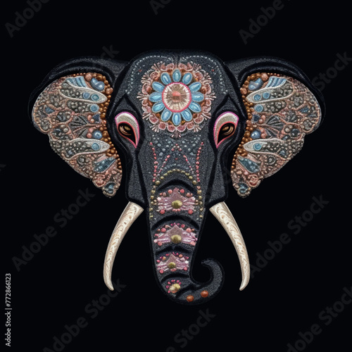 Ornamental ethnic indian style embroidery elephant head pattern. Tapestry embroidered patterned elephant. Vector background illustration. Design for card, print, diy, applique. Texture