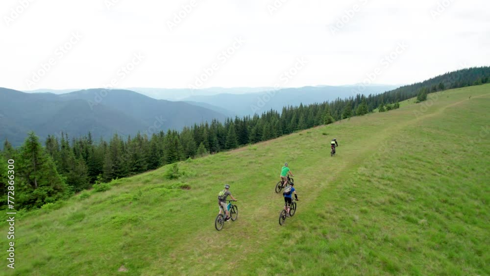 Group of cyclists men riding electric bikes outdoors. Aerial view of male tourists biking on grassy trail in the mountains at summer. Concept of sport, active leisure and nature. Group of cyclists men riding electric bikes outdoors. Aerial view of male tourists biking on grassy trail in the mountains at summer. Concept of sport, active leisure and nature.