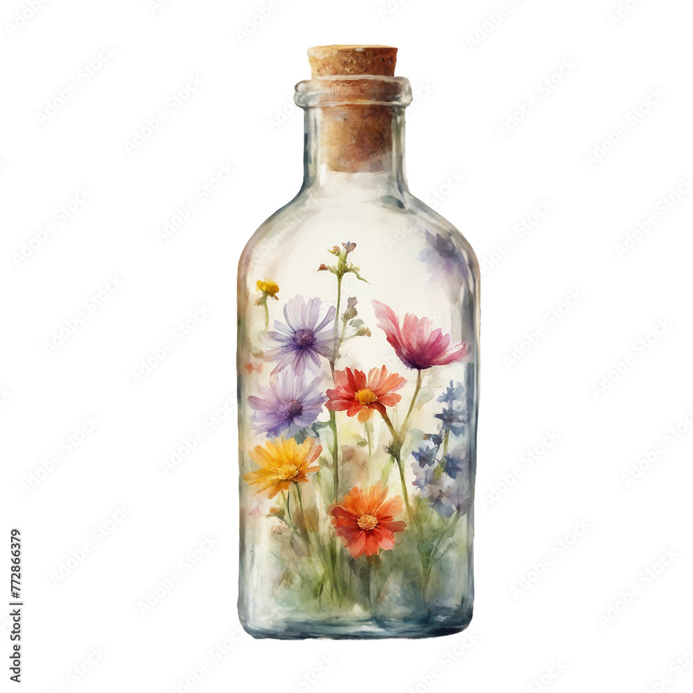 A simple glass bottle filled with colorful wildflowers, rendered in soft watercolors. White background.