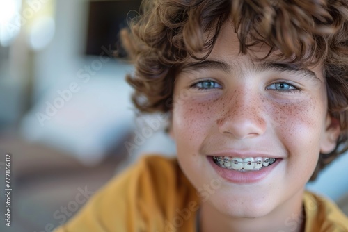 Joy in Growth: Young Boy's Radiant Smile with Braces, Marking Milestones Generative AI