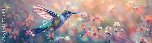 Close-up of a hummingbird in flight its feathers a burst of iridescent colors © stockpro