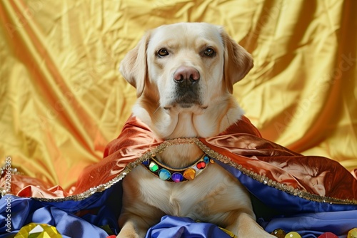 labrador with swashbuckler cape and gems photo
