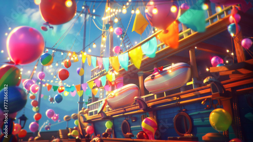 Party on a ship with balloons and lights. Festive bright illustration. Holiday concept.