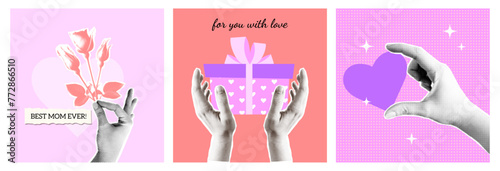 Mothers day greeting cards set design of halftone retro collage style