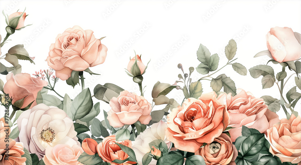 watercolor pastel peach roses. floral illustration background, Botanic composition for wedding, greeting card.