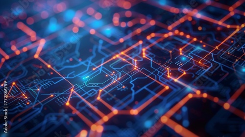 Glowing Computer Circuit Board With Lines and Dots