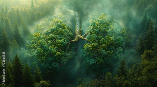 Fantasy forest landscape with intertwined trees and mystical fog