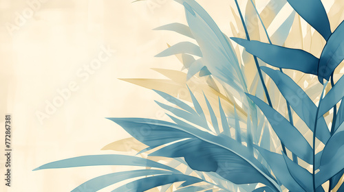 Horizontal artistic template design with watercolor hand painted palm leaves over white backdrop and lot of empty copy space for text