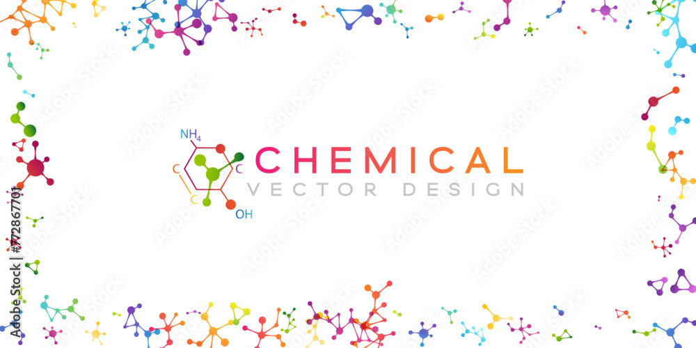 Chemistry decoration element with colorful scattered molecules. Vector frame with copy space.