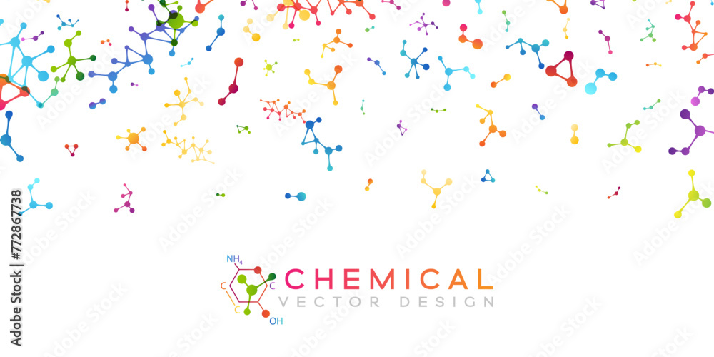 Chemistry decoration element with colorful scattered molecules. Top border with flow particles