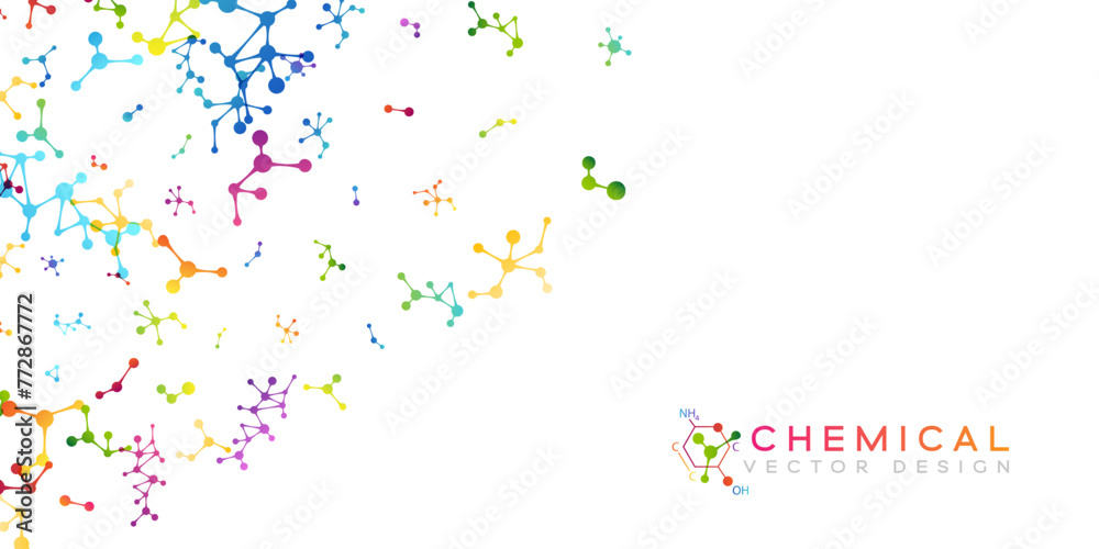 Chemistry decoration element with colorful scattered molecules. Vector vertical corner with flow elements.