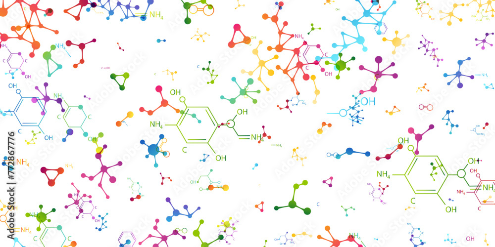 Chemistry decoration element with colorful scattered molecules and chemistry formulas. Vector textured background
