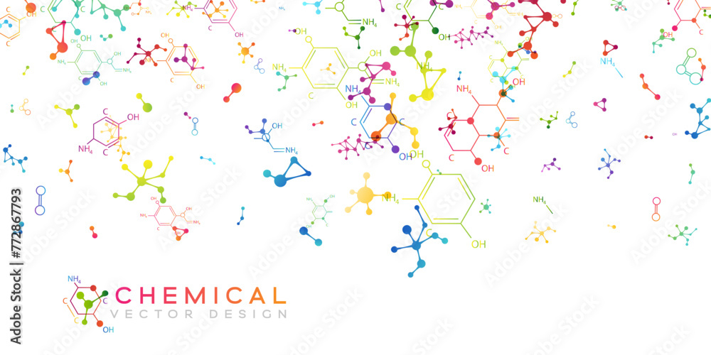 Chemistry decoration element with colorful scattered molecules and chemistry formulas. Top border with flow particles